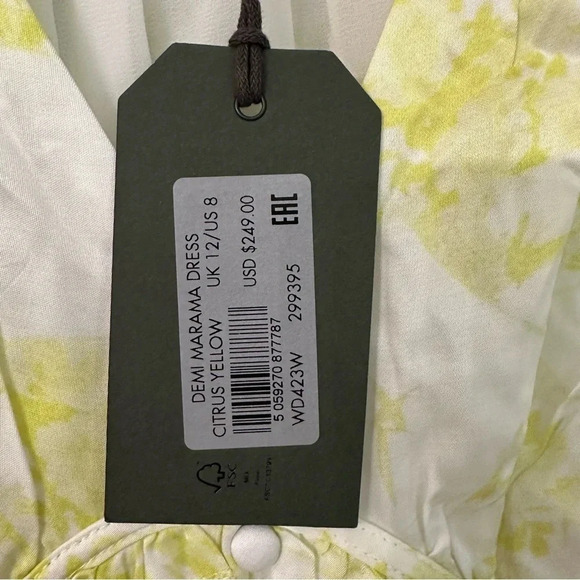 All Saints Demi Marama Dress in Citrus Yellow Short Puff Sleeve V-Neck Sz 8 NWT - Picture 7 of 9